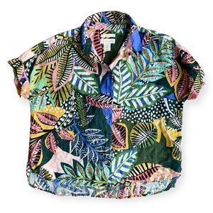 Cynthia Rowley Linen Shirt Tropical Floral Button Short Sleeve Medium Oversized